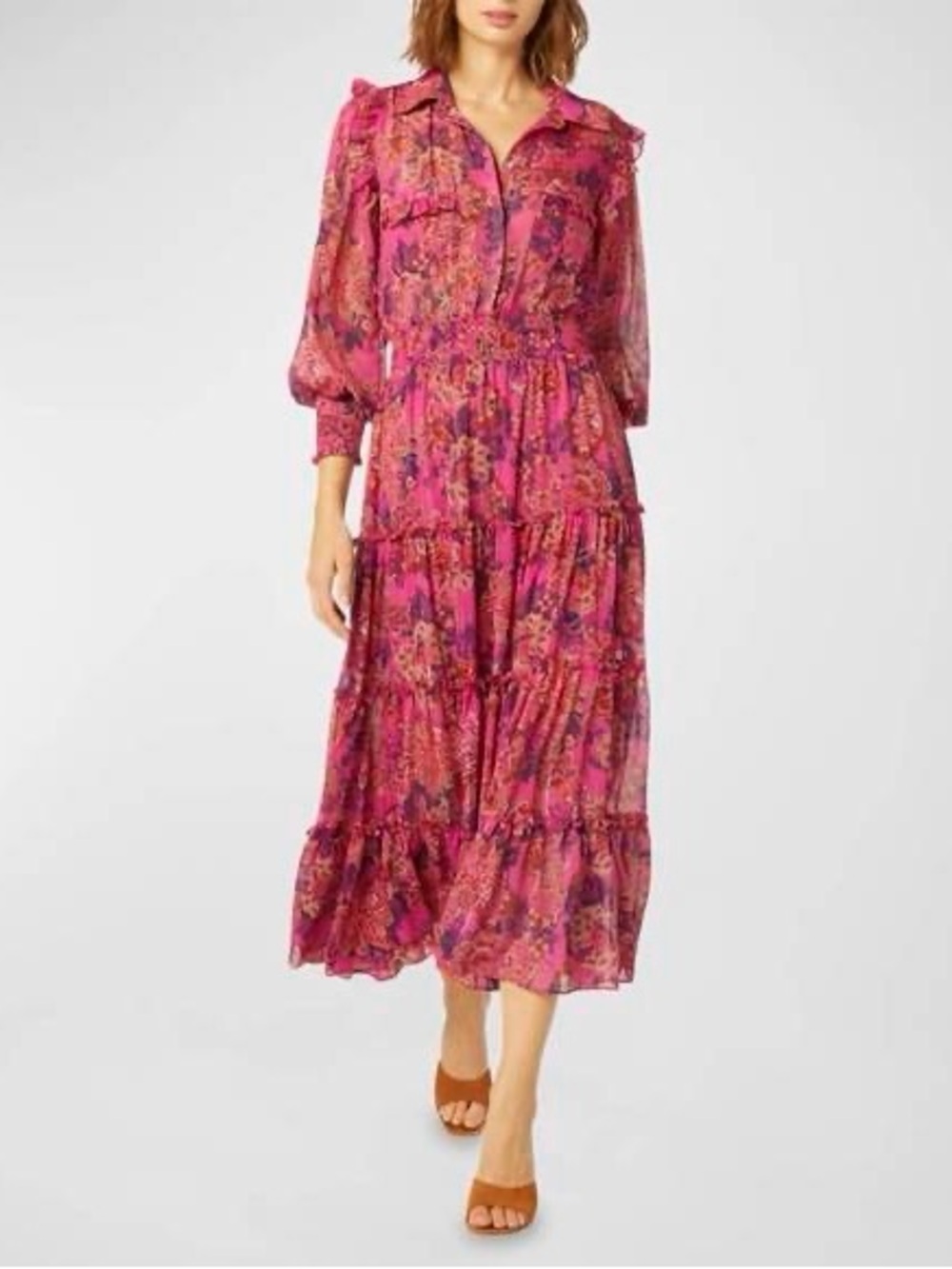 Misa Los Angeles Pink Floral Tiered Maxi Shirtdress